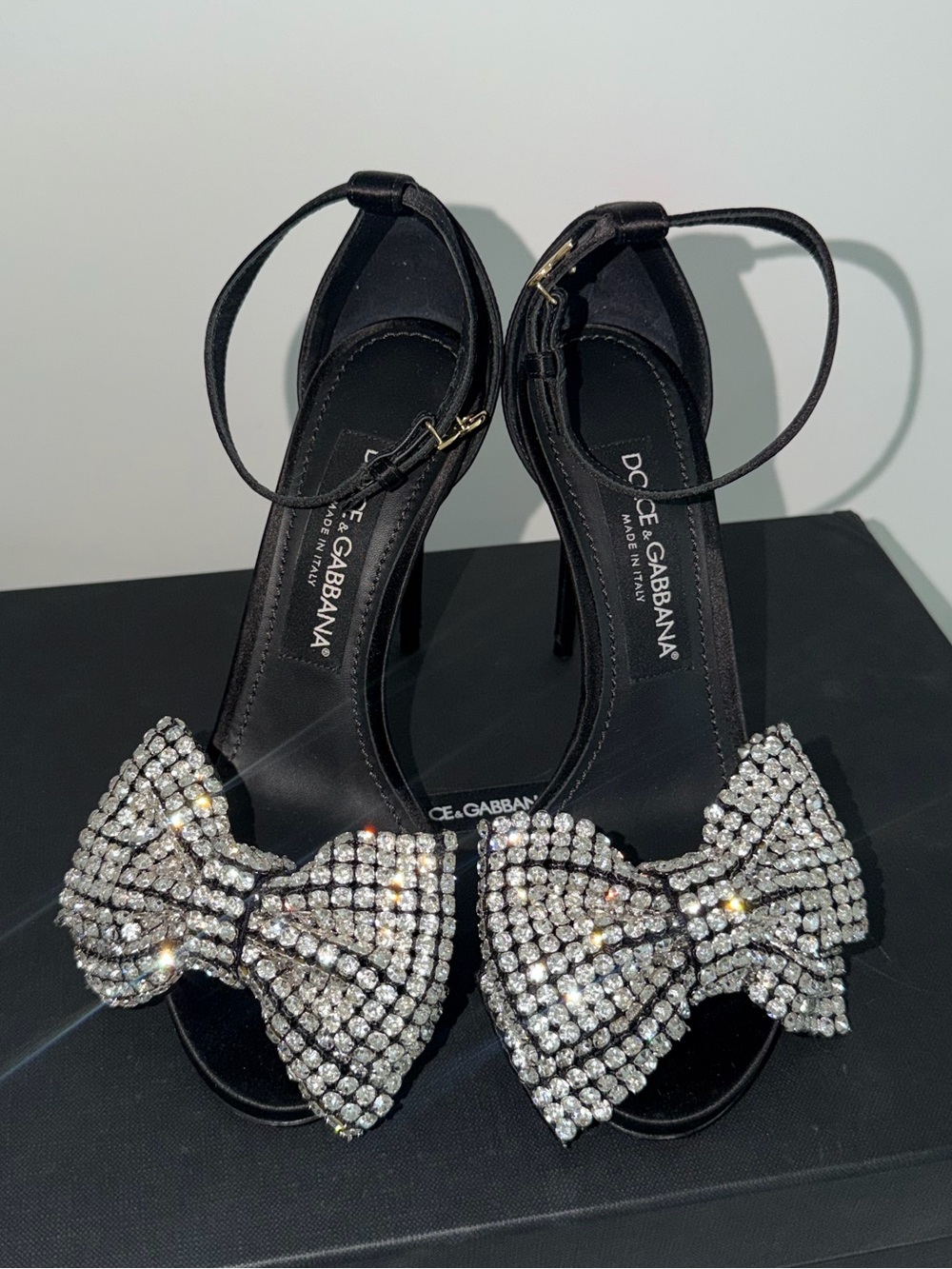 Dolce & Gabbana Black Heels with Crystal Bow Embellishment